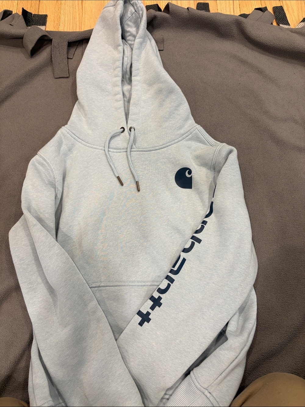 Carhartt Light Blue Crewneck Logo Hoodie with Navy Print - Women